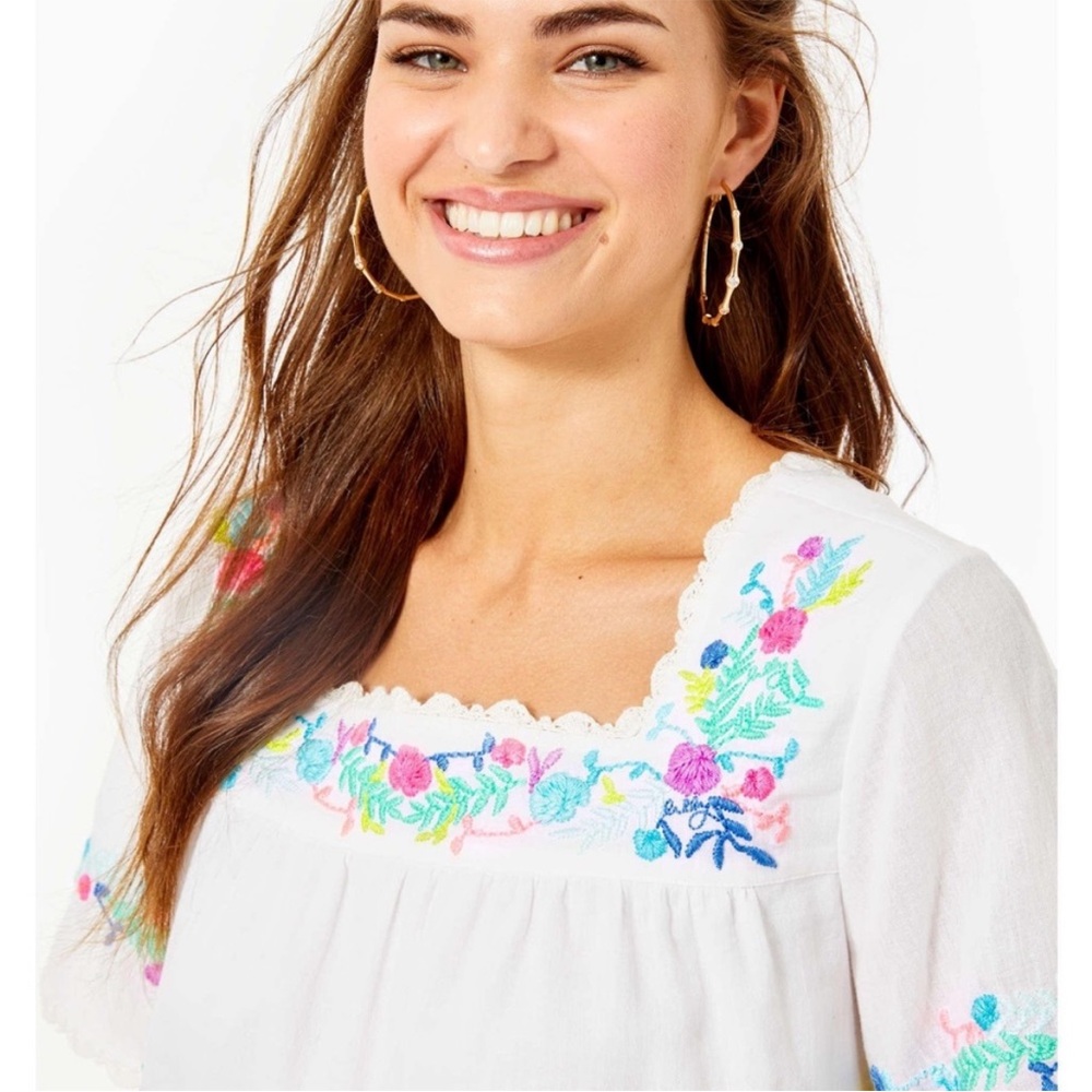 Lilly Pulitzer Tamryn White Embroidered Scalloped Crochet Lace Trimmed Top - Picture 2 of 9